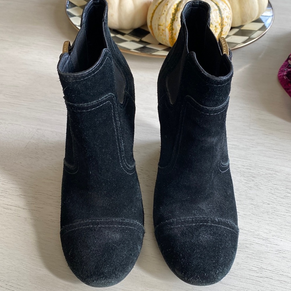Tory Burch black wedge boots with gold buckle, size 8 1/2.